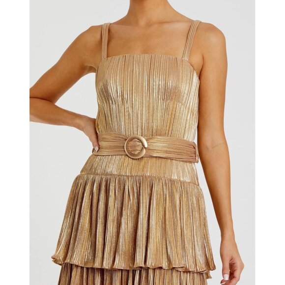 New Mac Duggal Size 10 Gold Ruffle Tiered Belted Sleeveless Cocktail Party Dress - Picture 2 of 16